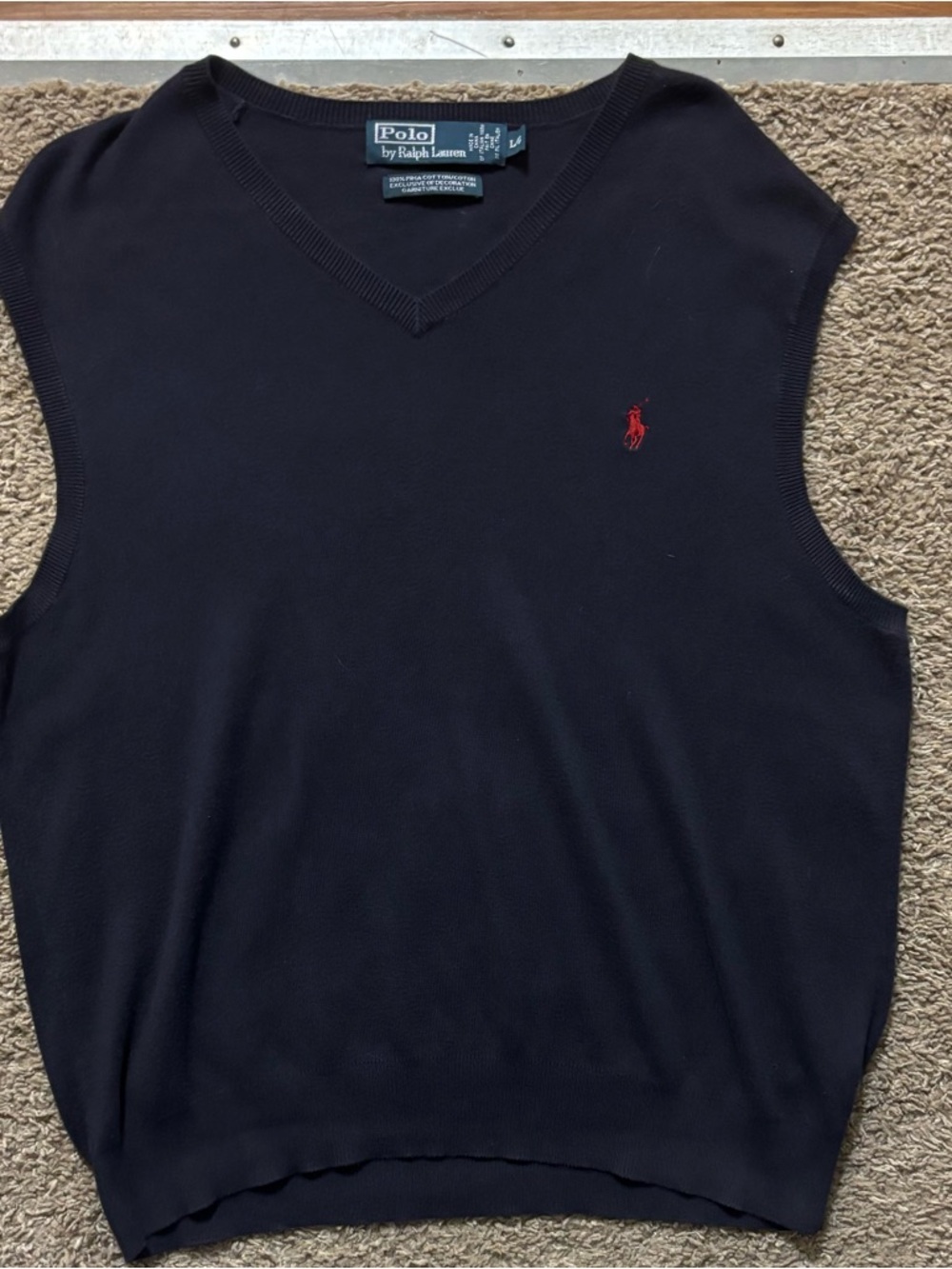 Polo by Ralph Lauren Men Lg Navy V-Neck Knit Sweater Vest Red Polo Logo Like New